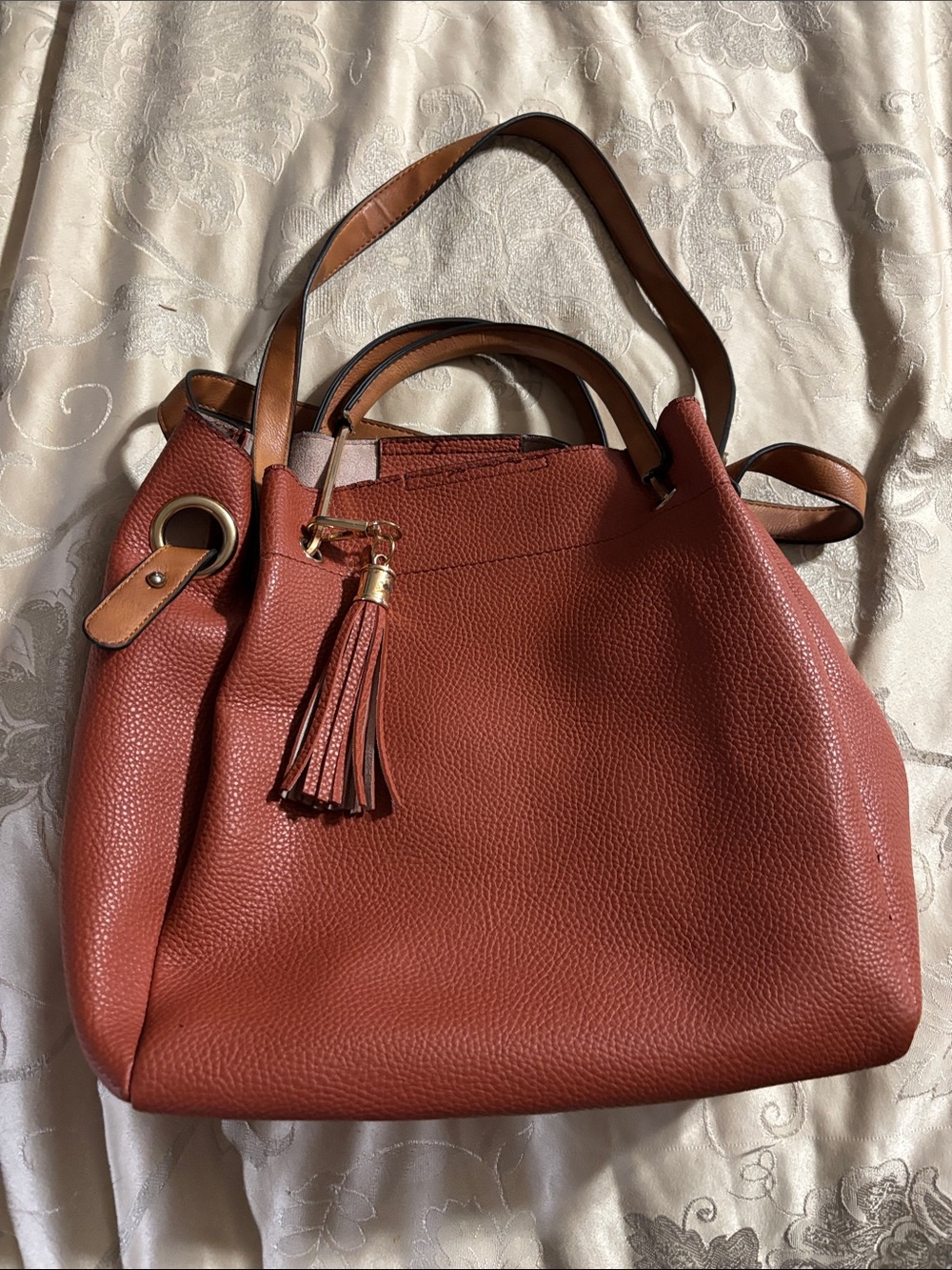 Yoki Pebbled Tassel Satchel in Rust Brown